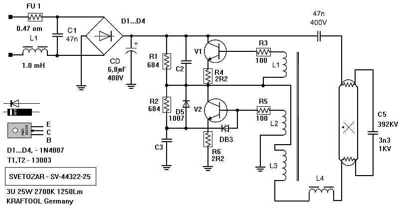 Принципиальная электрическая схема люминесцентной лампы