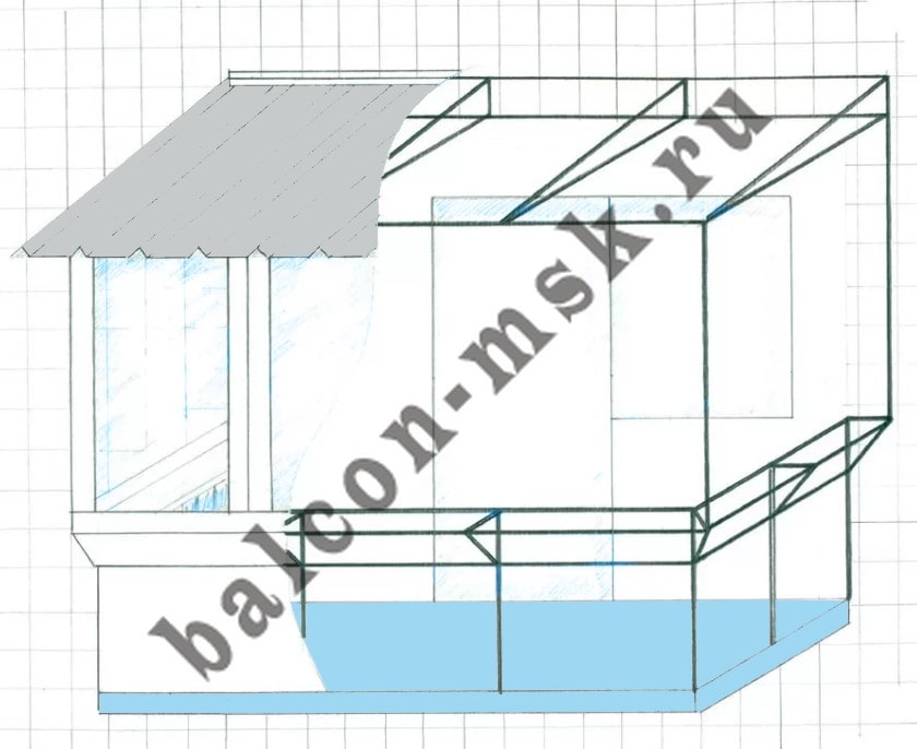 Чертеж балкона с крышей