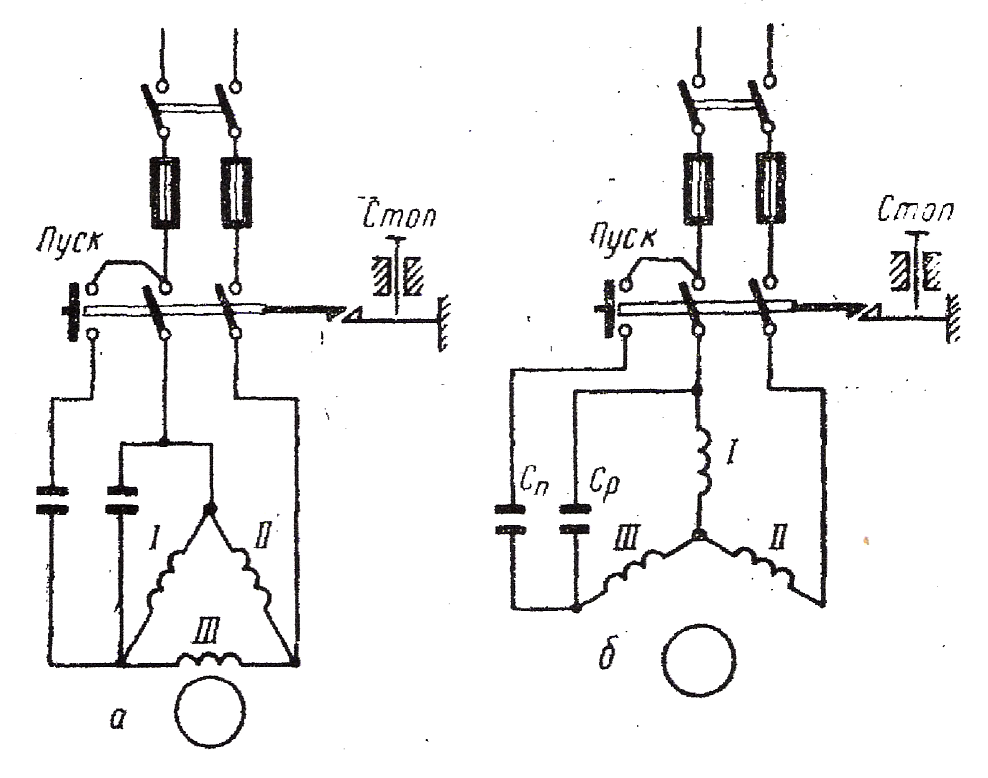Схема подключения пускового конденсатора к электродвигателю. Схема подключения асинхронного двигателя 220в с конденсатором. Схема пуска электродвигателя через конденсатор 220в. Схема подключения трехфазного двигателя на 220 вольт.