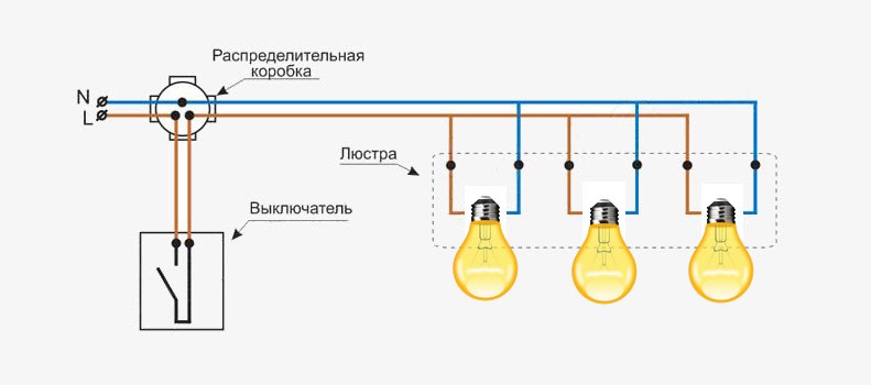 Нарисуйте электрическую схему подключения люстры с четырьмя электрическими лампами накаливания