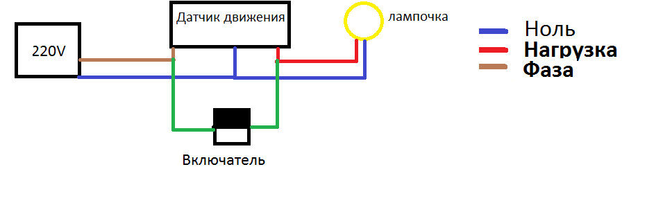 Схема подключения датчика движения к прожектору с выключателем