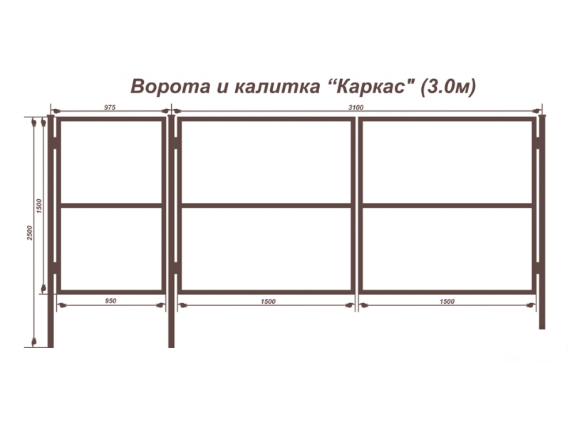 Ворота с калиткой внутри из профнастила чертеж