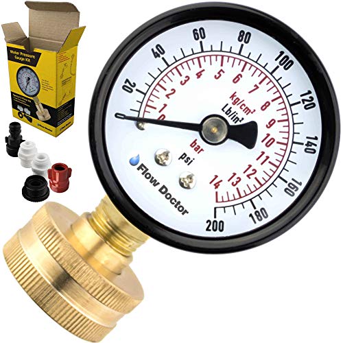 Flow Doctor Water Pressure Gauge Kit, All Purpose, 6 Parts Kit, 0 To 200 Psi, 0 To 14 Bars, Standard 3/4" Female Garden Hose Thread Plus 5 Adapters To Test in Multiple Locations Indoors and Outdoors
