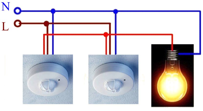 Схема соединения датчика движения с лампой через выключатель