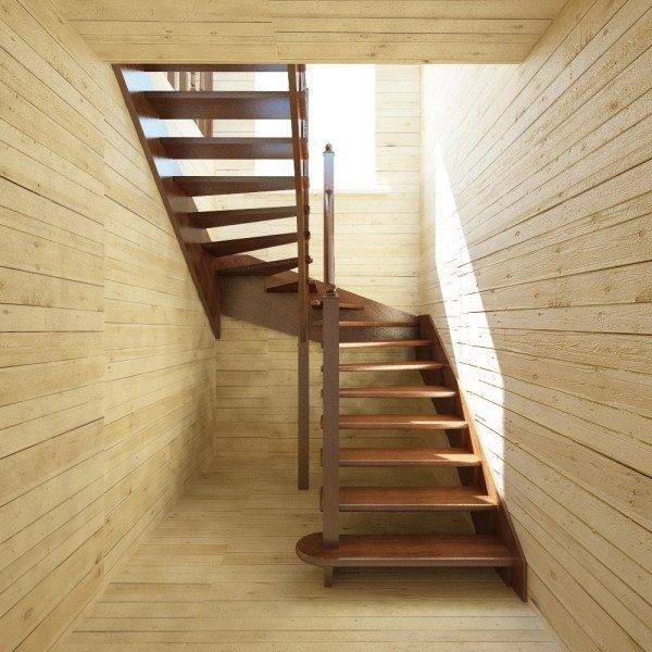 Поворотная деревянная лестница, расположенная в конце прихожей
