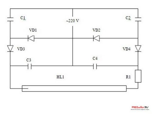 Схема включения люминесцентных ламп с перегоревшими нитями