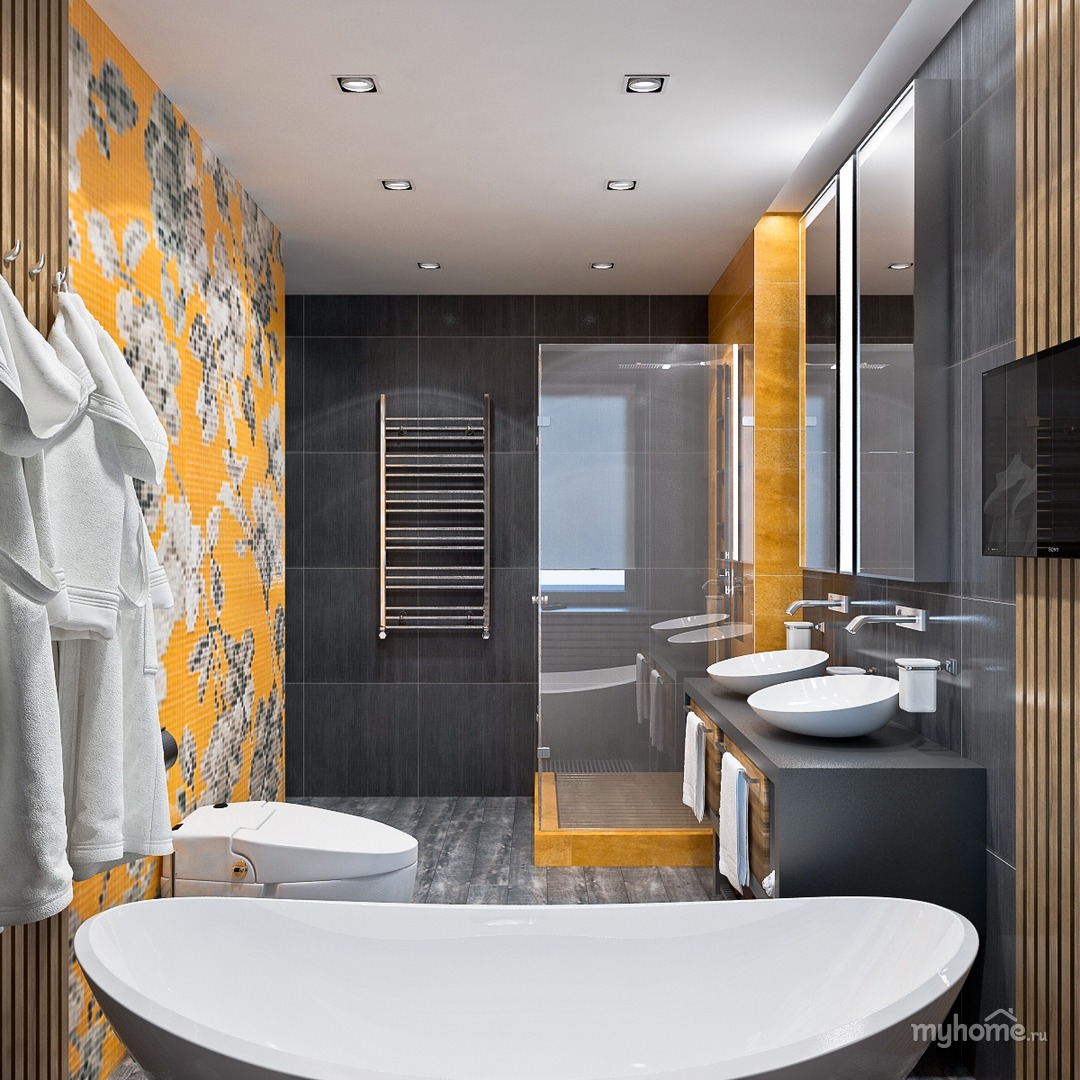 Дизайн ванны с туалетом в современном стиле. Интерьер санузла. Стильная ванная комната. Современная ванная комната. Дизайнерская ванная комната.