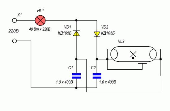 Схема подключения лампы дневного света с дросселем и стартером 2 лампы