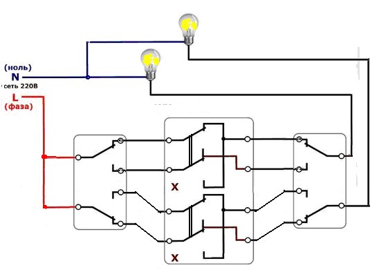 Схема подключения тройного проходного выключателя