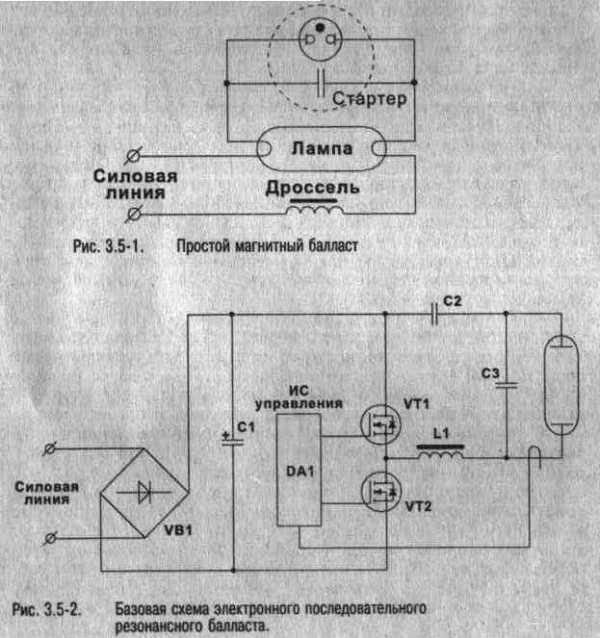 Схема подключения лампы дневного света с дросселем и стартером 2 лампы