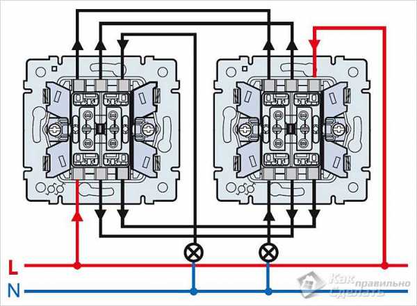 Схема подключения 2 х клавишного проходного выключателя с 2х мест