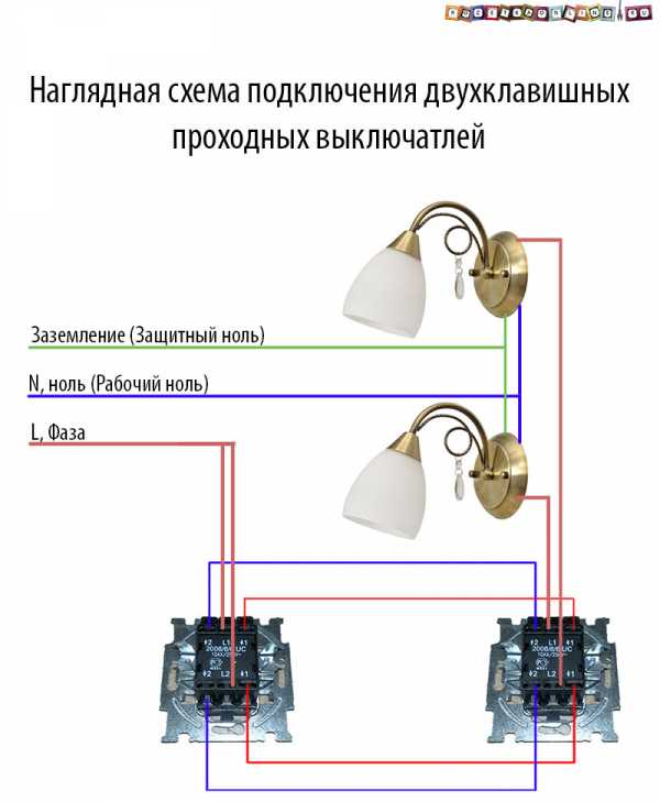 Схема двухклавишного переключателя с 2 мест