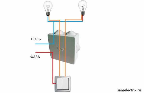 Как подключить двойной выключатель на две лампочки схема без заземления