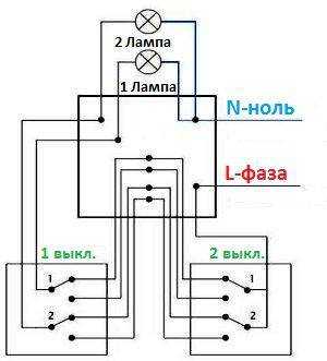 Схема включения двухклавишного выключателя на две лампочки